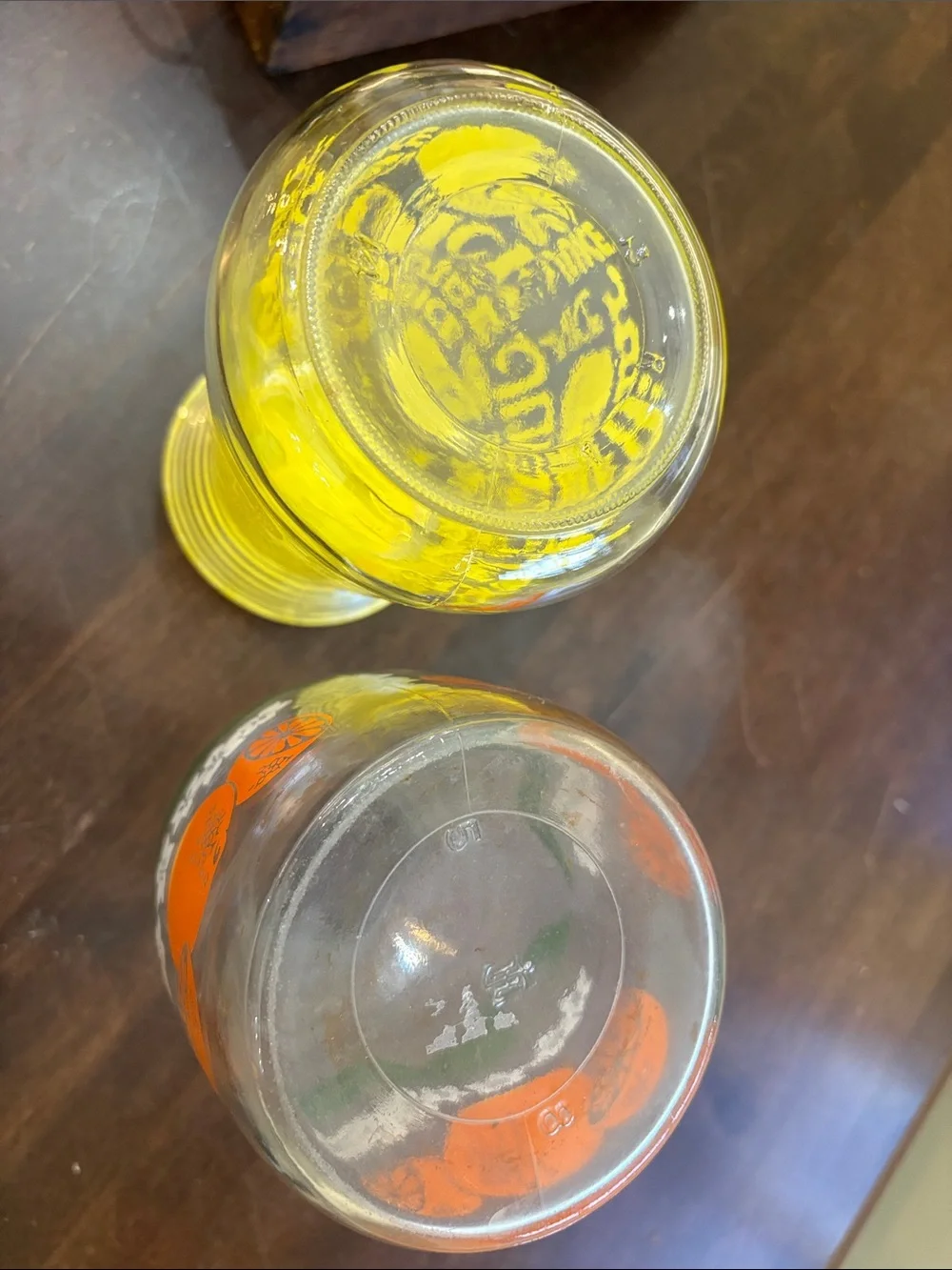 Anchor Hocking lemon and Orange Printed Glass Juice Bottles